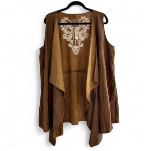 NEW Double D Ranch Embroidered Basque Shepherd Brown Suede Open Vest Women's 1X‎